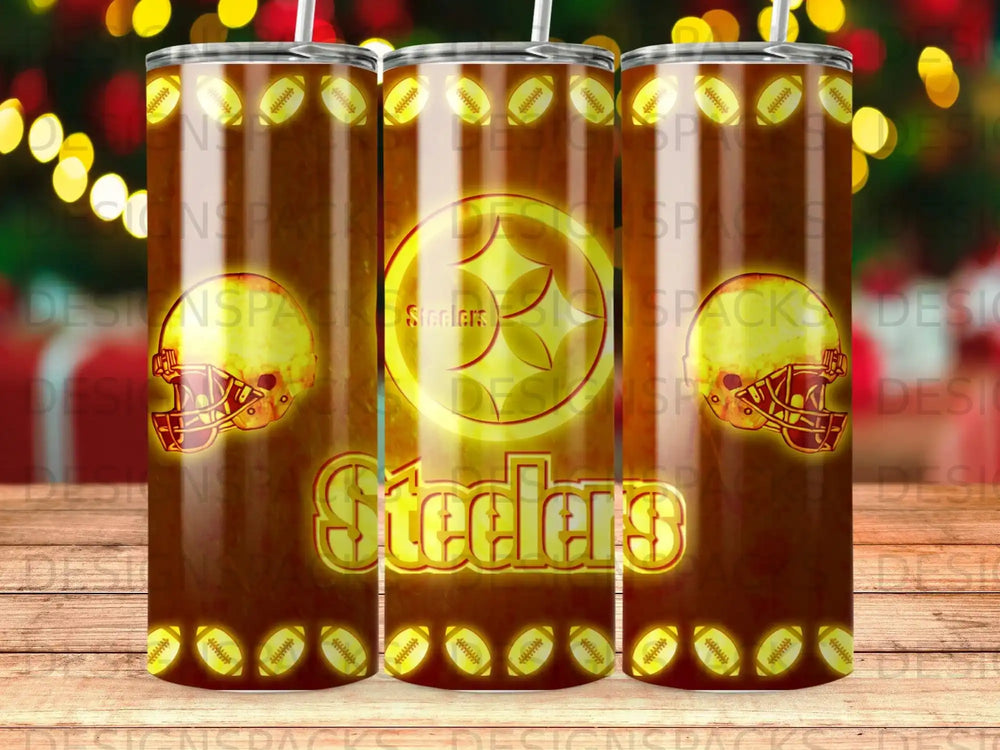 Pittsburgh Steelers logo and helmet pattern on a tumbler.