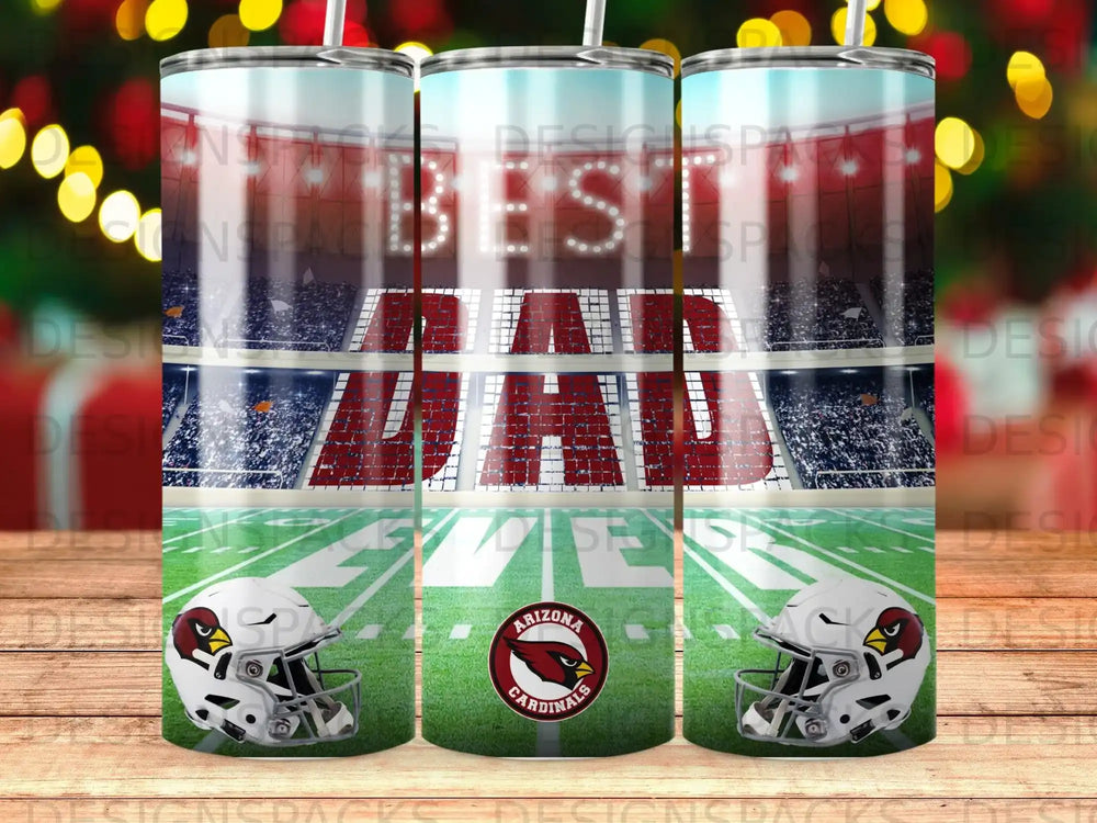 Arizona Cardinals "Best Dad" tumbler with stadium and helmets.