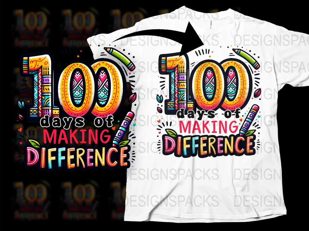 Colorful 100 Days of Making Difference T-Shirt, Vibrant School Celebration Tee, Teacher and Student Apparel, Unique Graphic Design Shirt