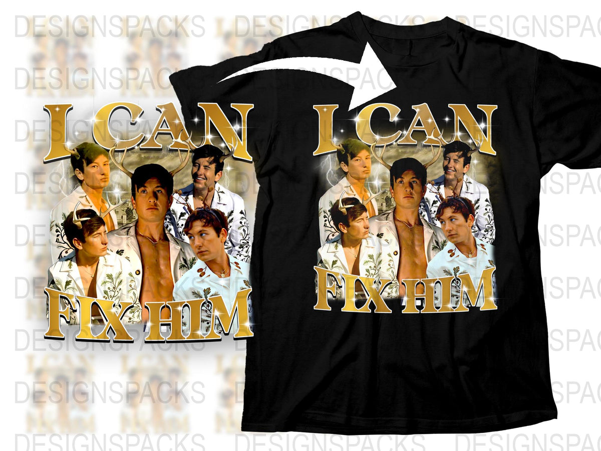 I Can Fix Him T-Shirt, Trendy Graphic Tee with Gold Lettering, Stylish Casual Top for Fans