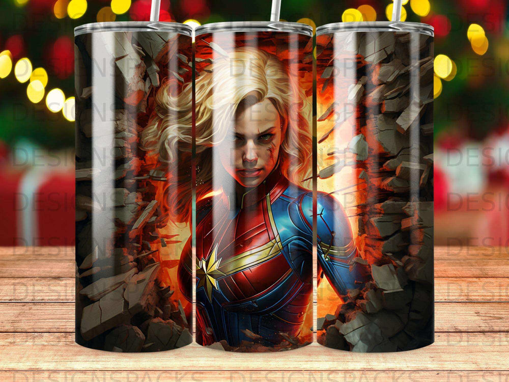 Captain Marvel bursts through a cracked wall, looking determined.