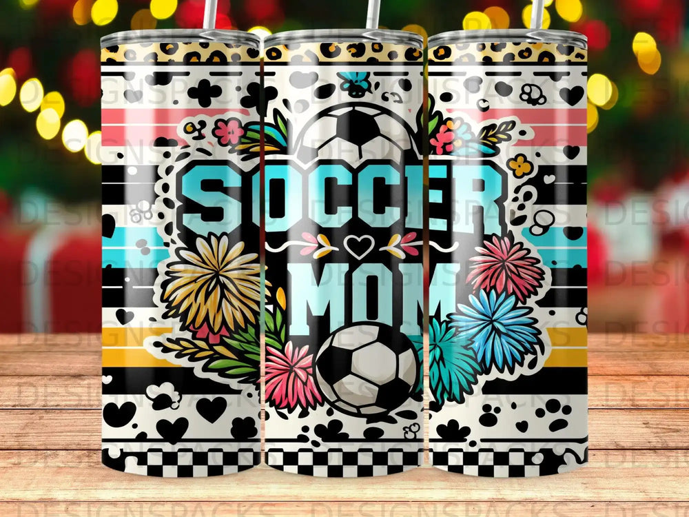 Soccer Mom tumbler with soccer ball, flowers, and leopard print accents.