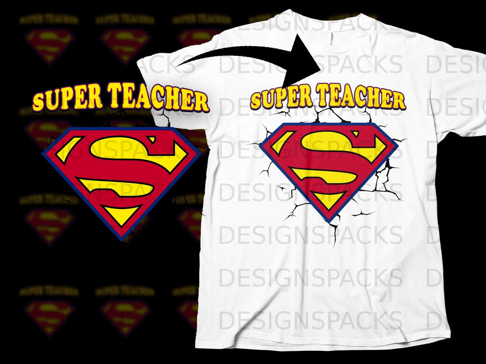 White t-shirt featuring a cracked Superman logo and "Super Teacher" text.