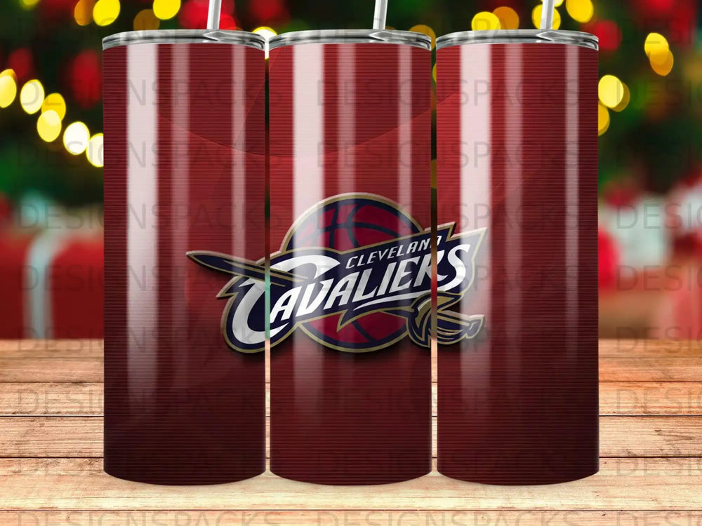 Cleveland Cavaliers logo on a dark red patterned tumbler.