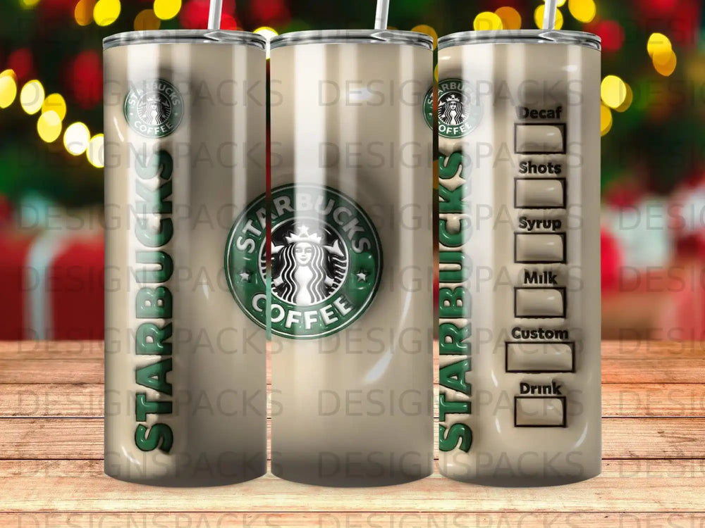 Starbucks coffee cup with "Decaf," "Shots," "Syrup," "Milk," and "Drink" labels.