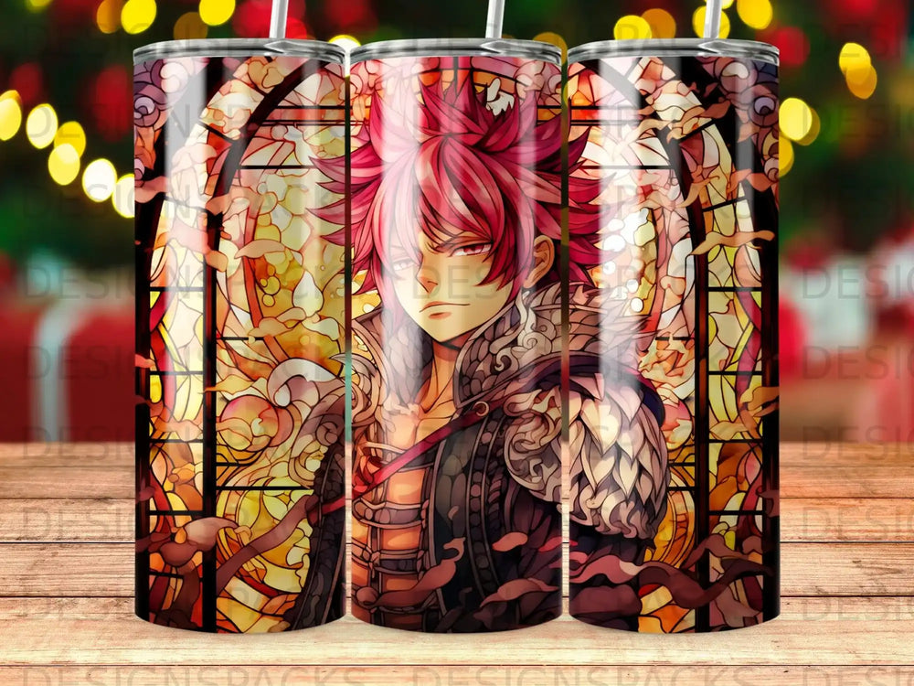 Anime character with spiky red hair in ornate armor against stained glass background.