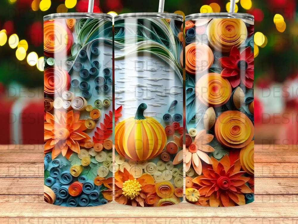 Tumbler with fall-themed quilled paper art of pumpkin, leaves, and flowers.