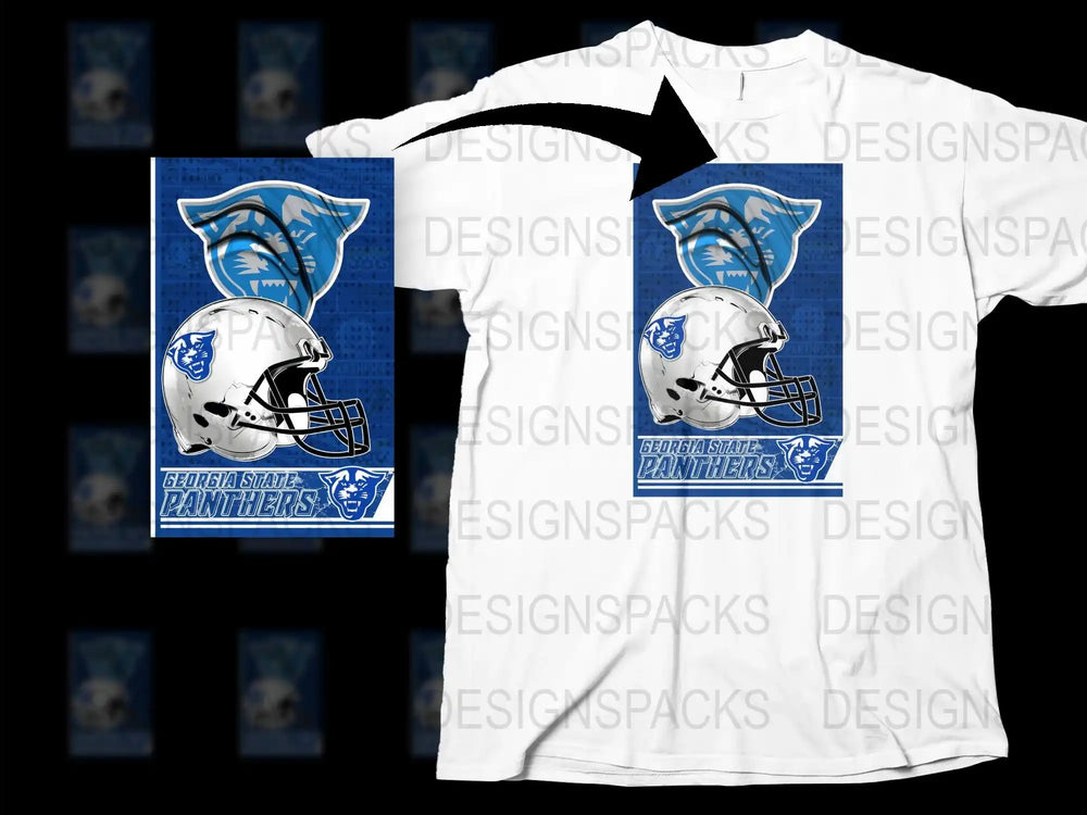 Georgia State Panthers Football Helmet Graphic T-Shirt, Blue and White Sports Fan Apparel, College Team Support Tee