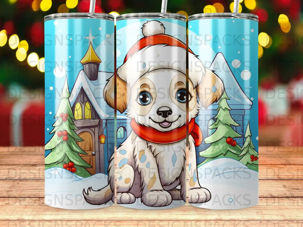 Dalmatian puppy in festive hat and scarf by snowy house and trees.