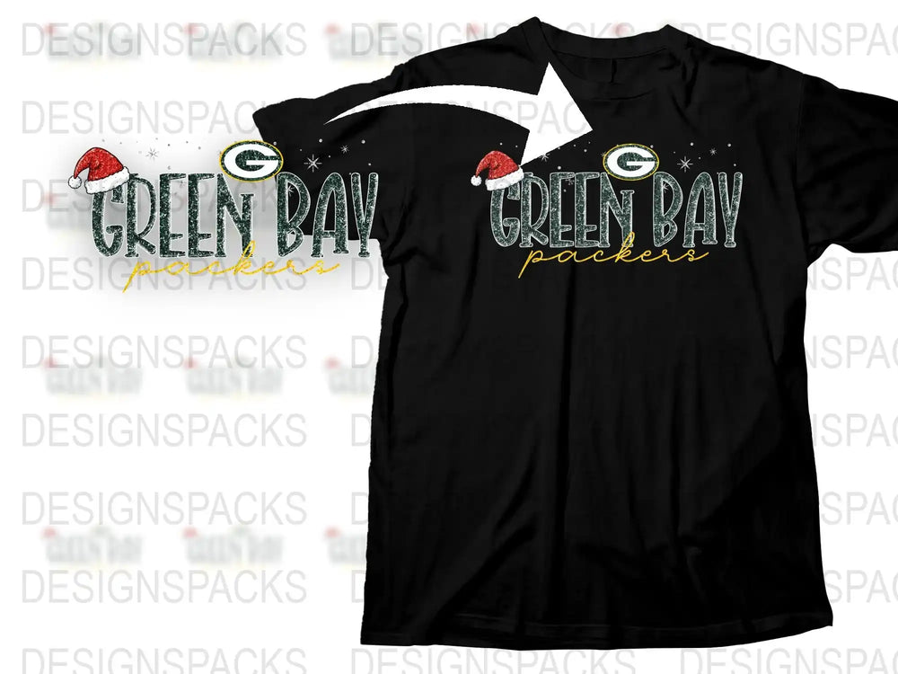 Green Bay Packers Holiday T-Shirt with Santa Hats, Festive Christmas Gift, Winter Sports Fan Apparel, Black Cotton Tee