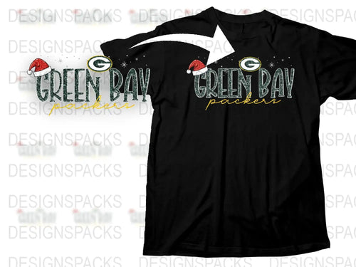 Green Bay Packers Holiday T-Shirt with Santa Hats, Festive Christmas Gift, Winter Sports Fan Apparel, Black Cotton Tee