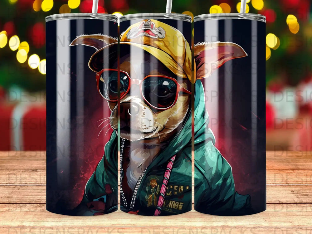 Dog wearing sunglasses and a hoodie, with a dark background and bokeh lights.