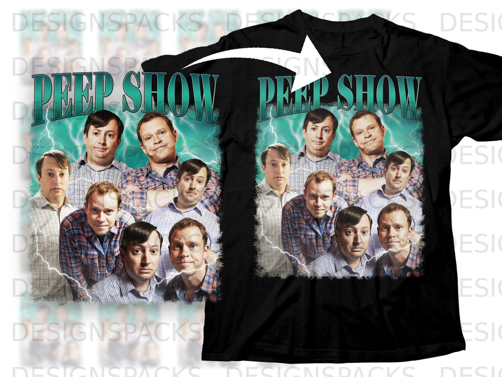 T-shirt graphic featuring "Peep Show" title and cast members with lightning background.