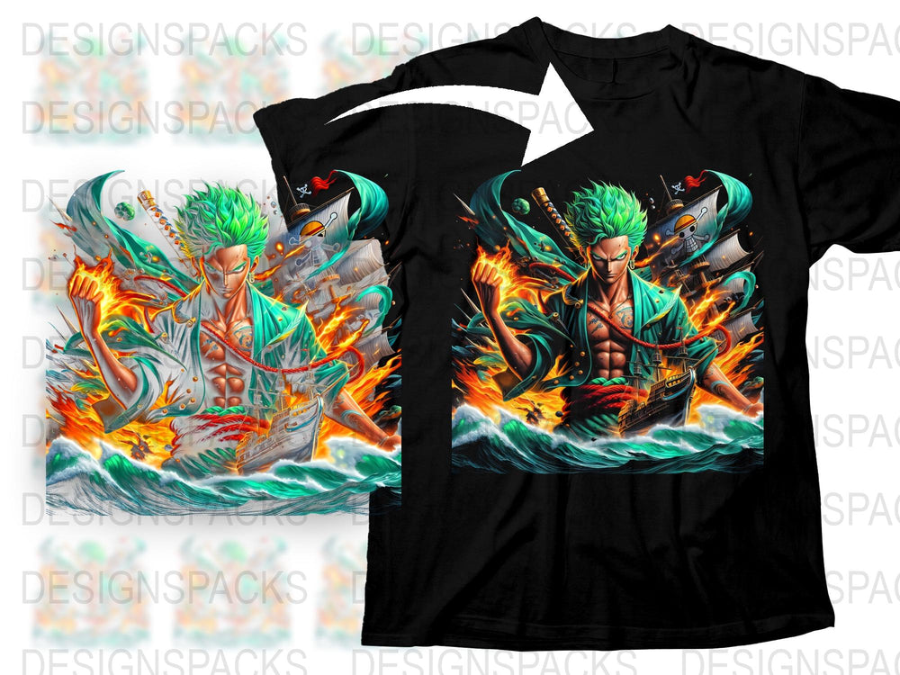 Anime Character Fire and Water Graphic T-Shirt, Vibrant Green Blue Flames, Unisex Cotton Tee, Full Print Shirt, Fan Merchandise