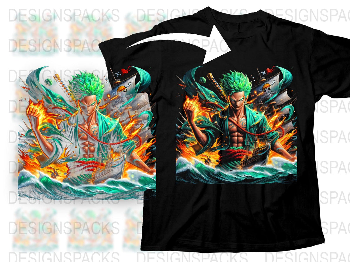 Anime Character Fire and Water Graphic T-Shirt, Vibrant Green Blue Flames, Unisex Cotton Tee, Full Print Shirt, Fan Merchandise
