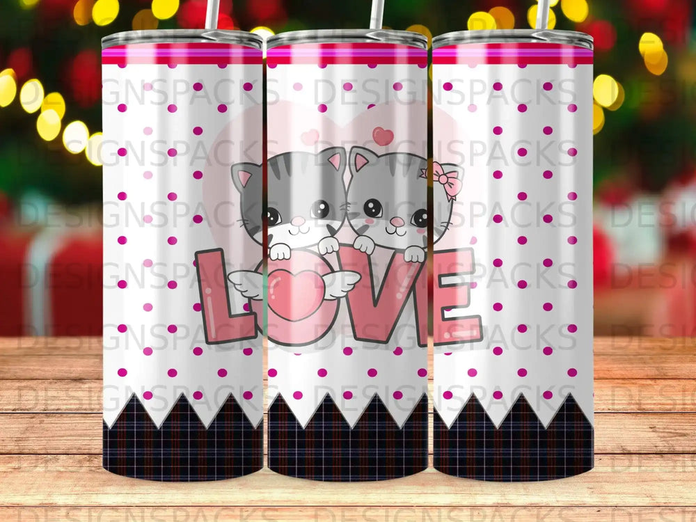 Two cartoon cats form the "O" in a pink "LOVE" design with polka dots and plaid trim.