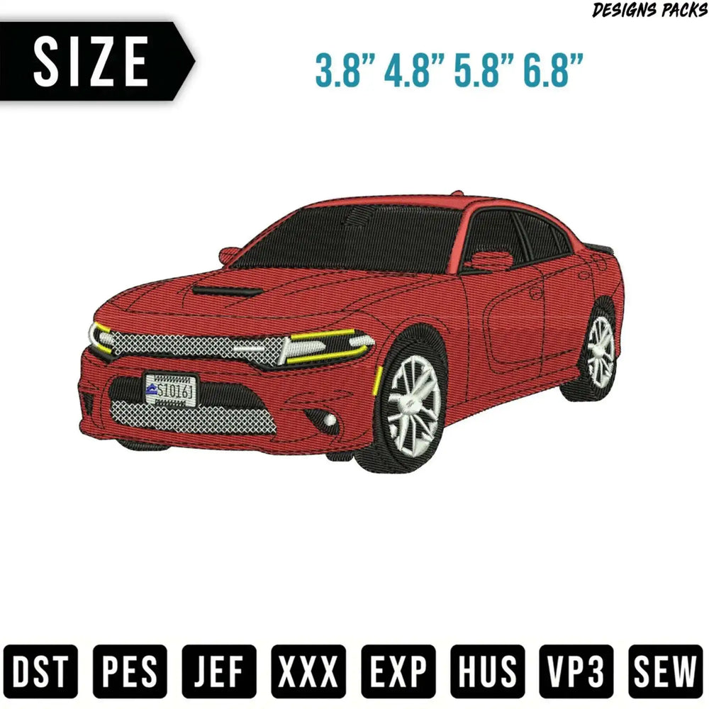 Red Dodge Charger with size options and file formats listed.