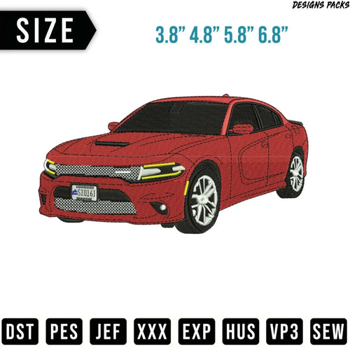 Red Dodge Charger with size options and file formats listed.