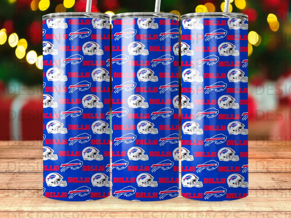 Buffalo Bills logo pattern on a blue tumbler with bokeh background.