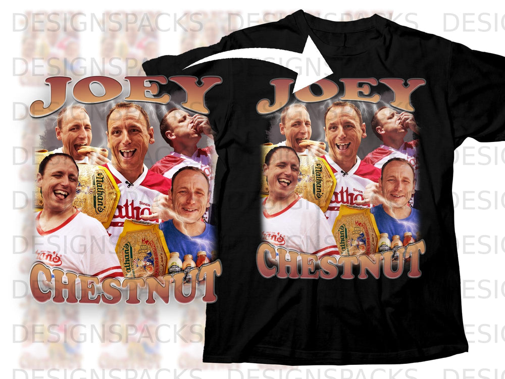 Black t-shirt featuring Joey Chestnut with hot dogs, Nathan's belts, and bottles of hot sauce.