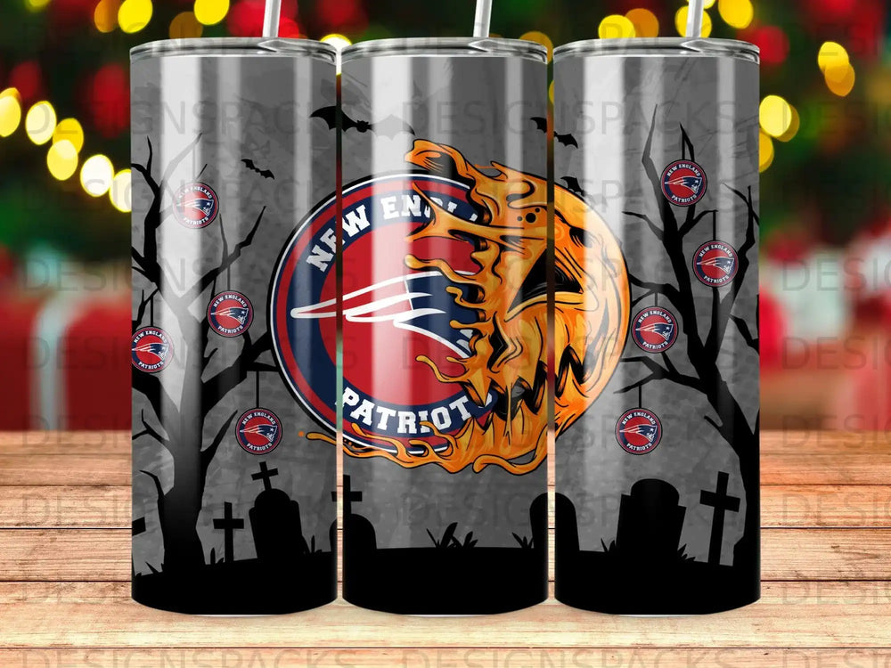 New England Patriots Halloween-themed tumbler with spooky trees and tombstone design.