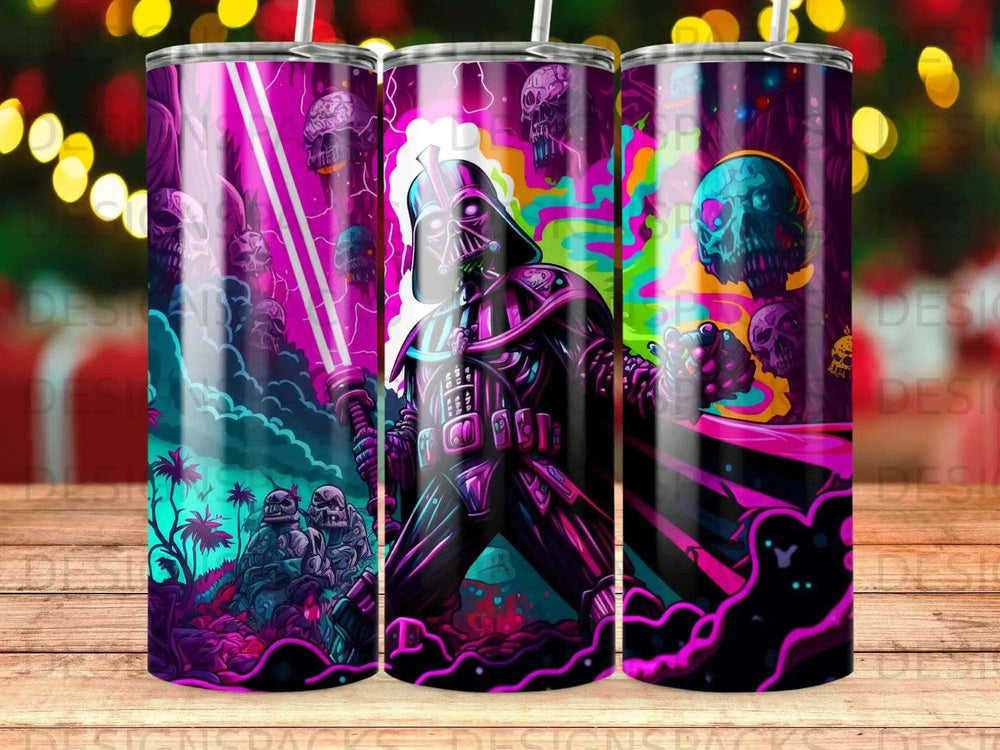Darth Vader in a purple and pink neon landscape on a tumbler.