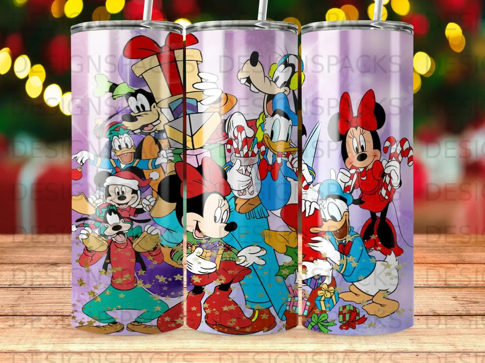 Mickey and friends celebrating with gifts and candy canes.