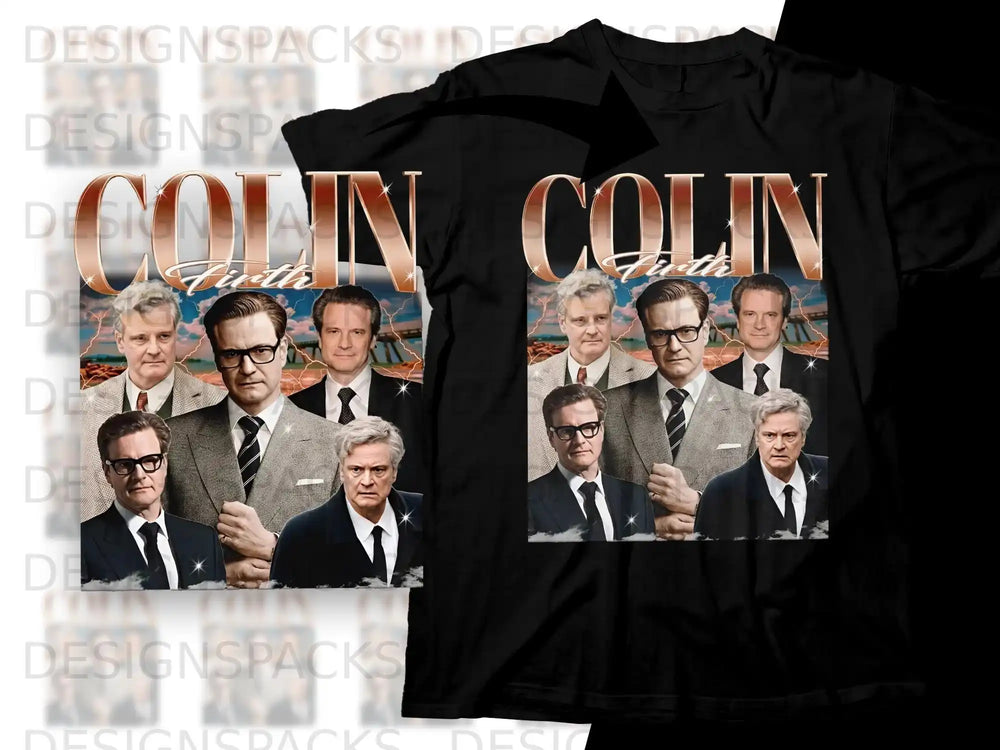 Colin Firth collage on black t-shirt.