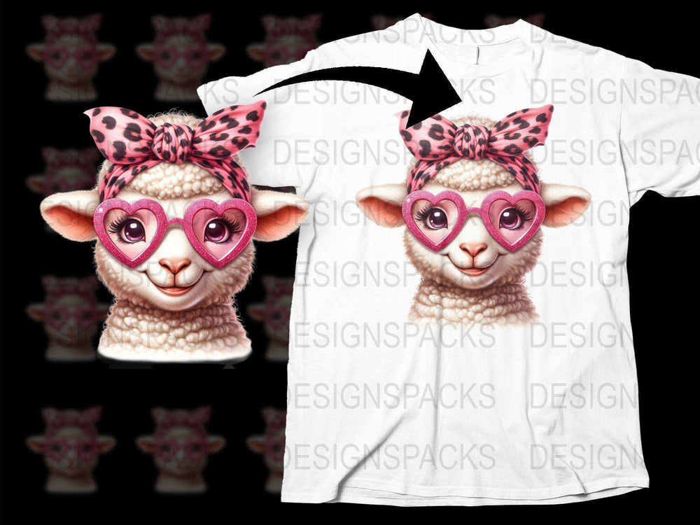 Cute Sheep Face T-Shirt, Pink Bow and Heart Sunglasses, Animal Graphic Tee, Fun Kids and Adults Top, Unique Gift Idea