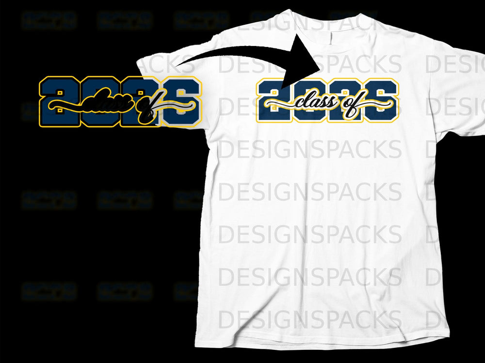 White t-shirt with navy and gold "Class of 2025" graphic.