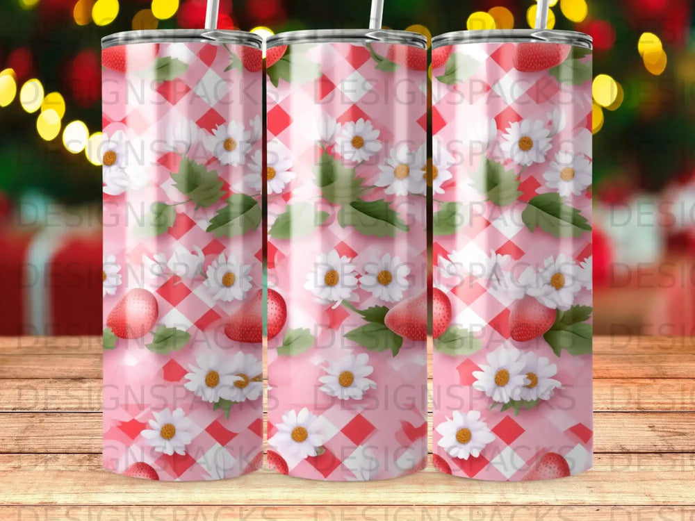 Strawberries and daisies on a red and white gingham background with bokeh lights.