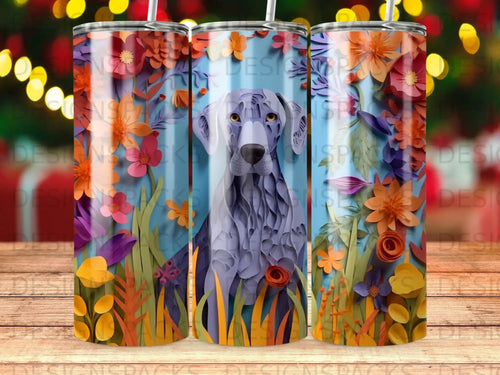 Blue Weimaraner dog with floral design on a tumbler.