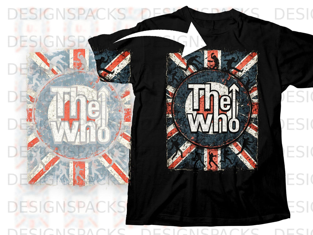 Black t-shirt with a distressed Union Jack and target graphic featuring "The Who" band logo.