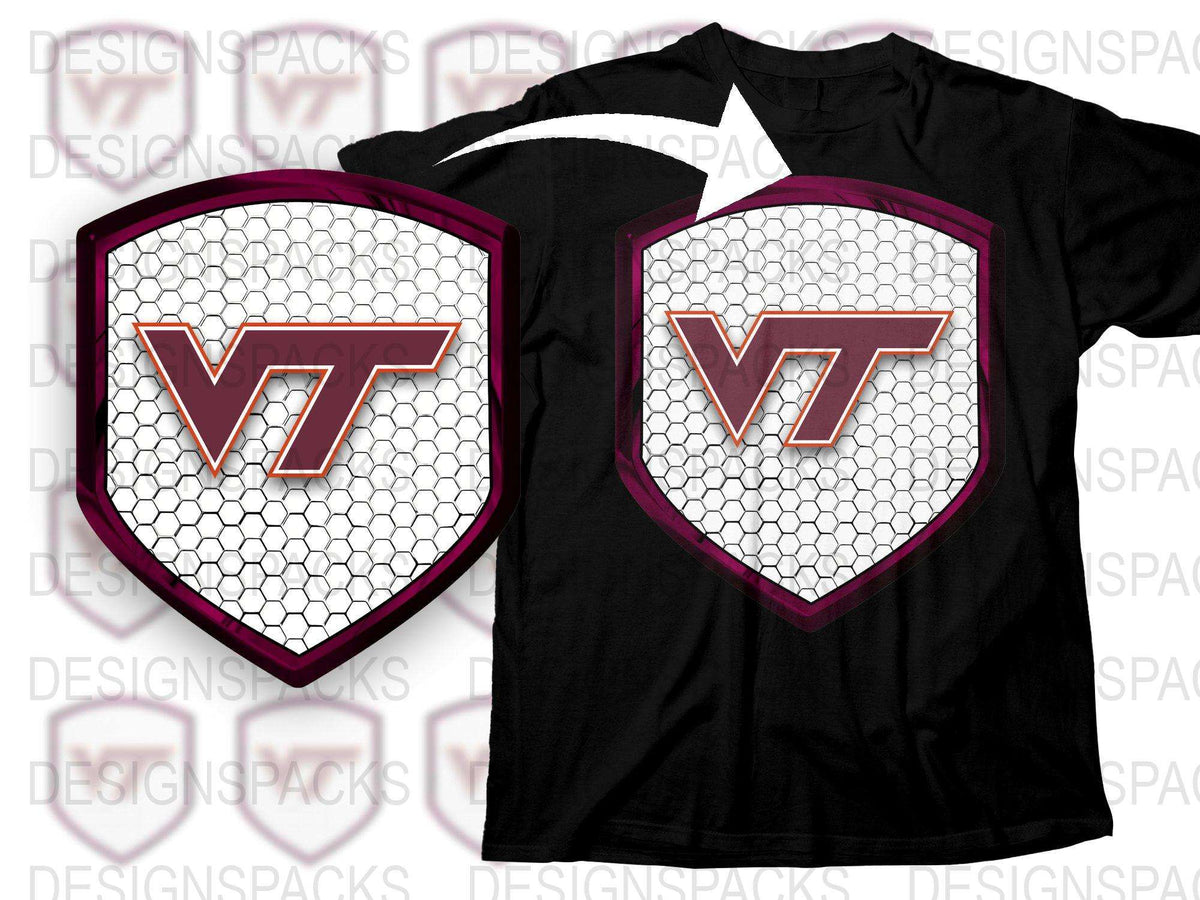 Virginia Tech VT Logo T-Shirt, Black Graphic Tee, College Football Apparel, Honeycomb Pattern Design