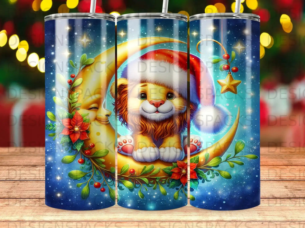Lion in Santa hat sits on crescent moon with starry background and festive decorations.