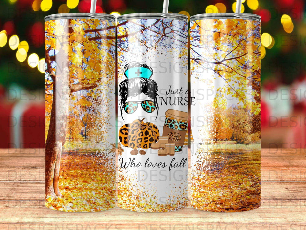 Tumbler with autumn leaves, nurse graphic, and text "Who loves fall".