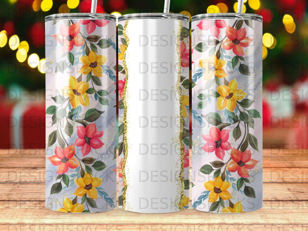 Floral tumbler with gold glitter accents and light bokeh background.