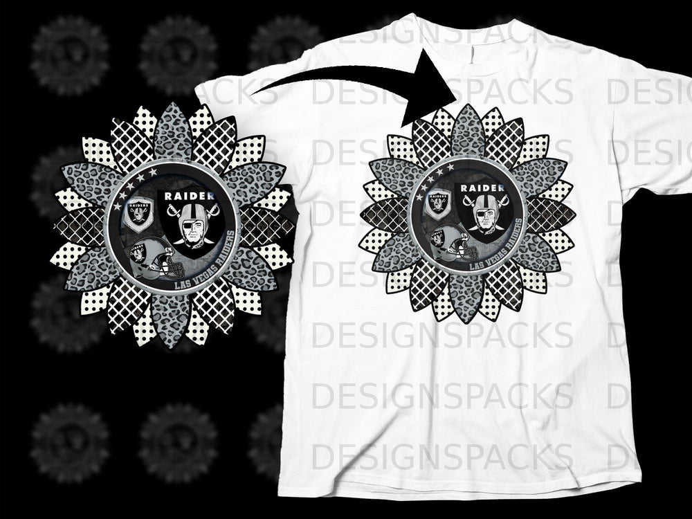 Las Vegas Raiders logo on a black and white sunflower with leopard print and checkerboard petals.