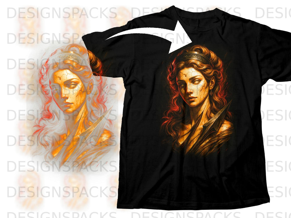 Black t-shirt with a cracked-face warrior woman graphic and swirling red hair.