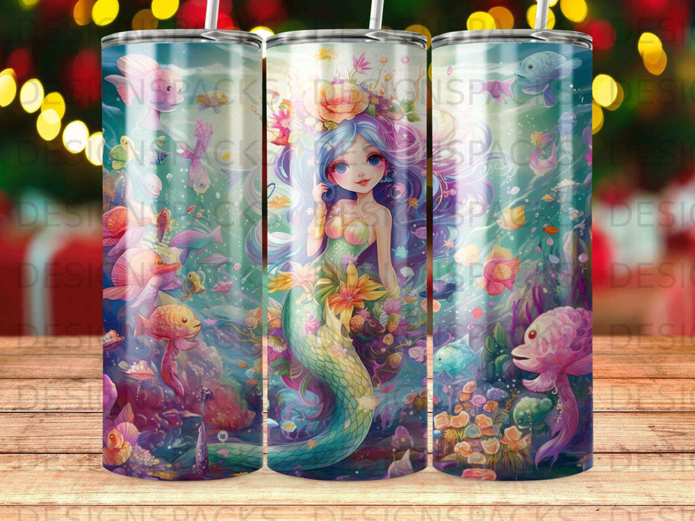 Mermaid with colorful hair surrounded by fish and coral reef.