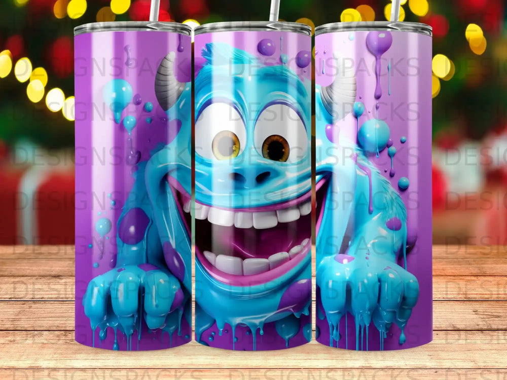 Blue monster with wide grin and large eyes on a purple patterned tumbler.