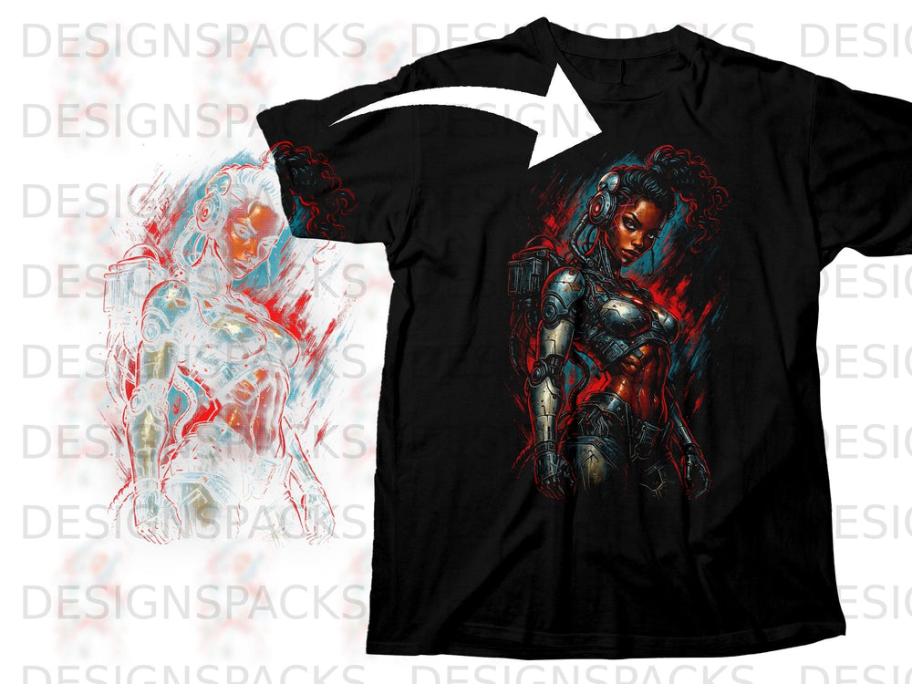 Black t-shirt featuring a cyberpunk woman with headphones and mechanical enhancements.