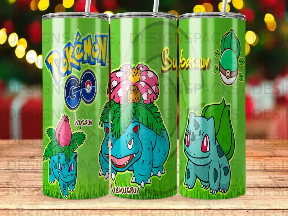 Pokemon GO Bulbasaur design on a green tumbler with various Bulbasaur characters.