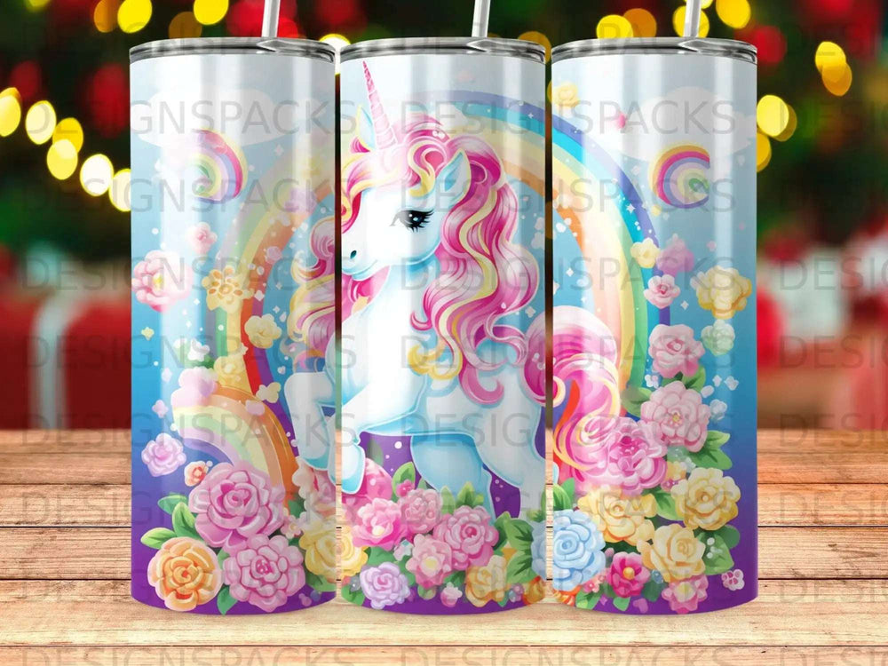 Unicorn with rainbow mane and tail on floral background.