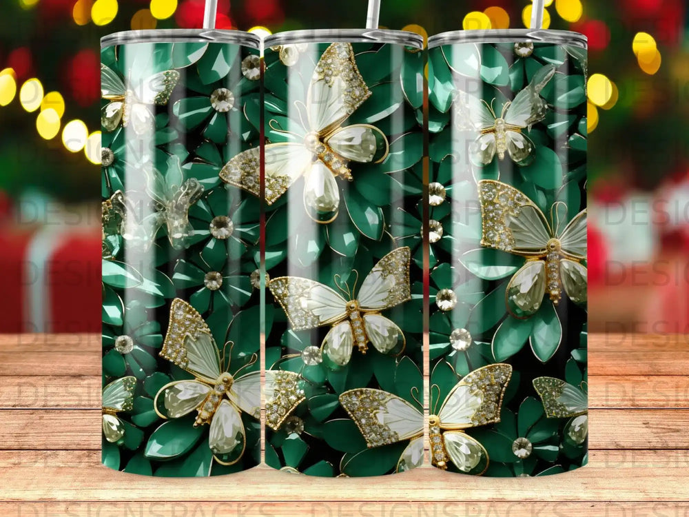 Green floral pattern with diamond-encrusted white butterflies.