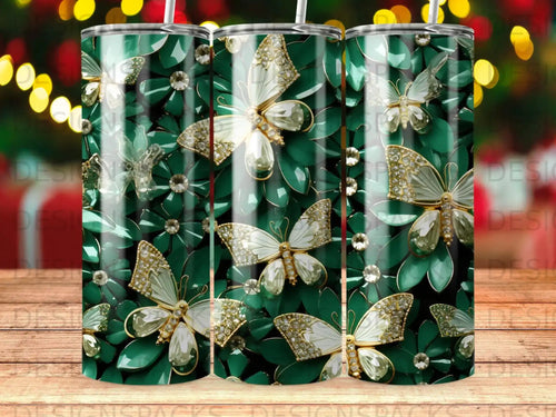 Green floral pattern with diamond-encrusted white butterflies.