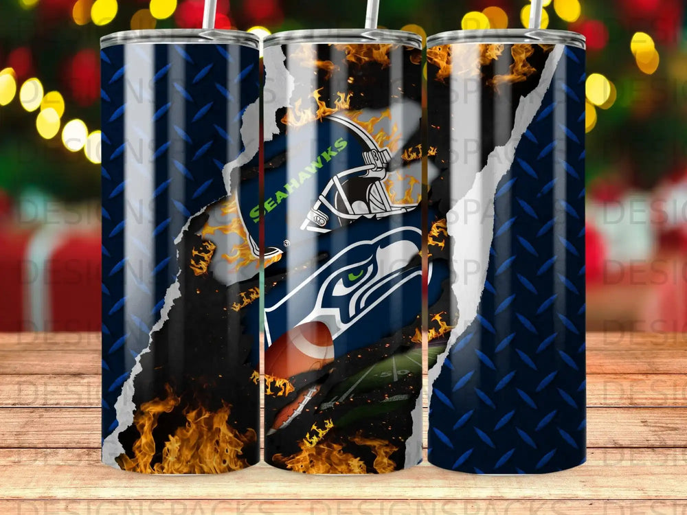 Seattle Seahawks helmet and football with flames on a diamond plate background.