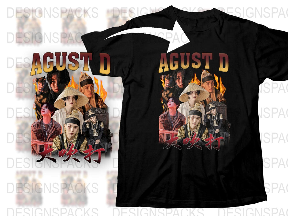 Agust D Inspired Graphic T-Shirt, K-Pop Music Fan Merch, Fire Design, Black Tee, Unisex Fashion