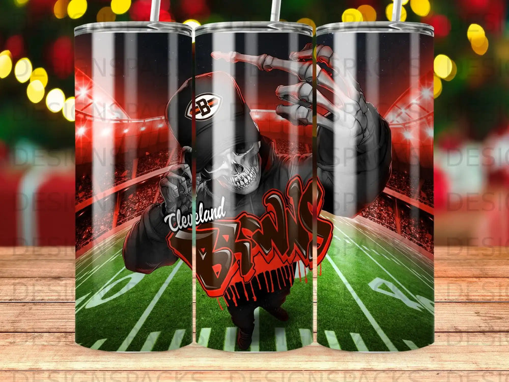 Skeleton in Cleveland Browns hoodie and hat, gesturing.
