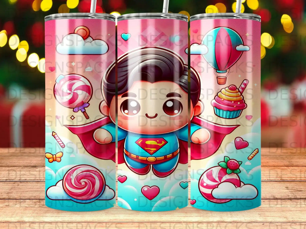 Superman character with candy and clouds on a pink striped tumbler.